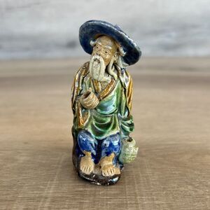 Chinese Antique Shiwan Seated Mudman Sage Figurine Ceramic 3.5"